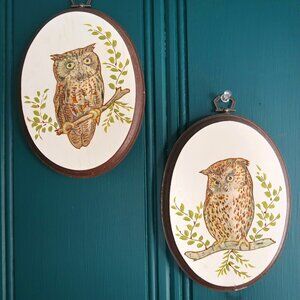 Pair of  Handpainted Vintage 3D Owl Wooden Plaques